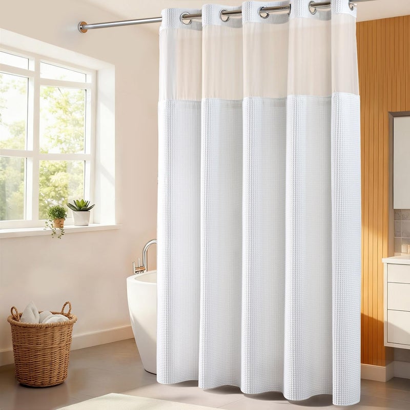 River Dream Extra Long Shower Curtain Set, Cotton Blend, Waffle Weave, with Snap in Replacement Liner, White, 71 x 86 inches - Image 2